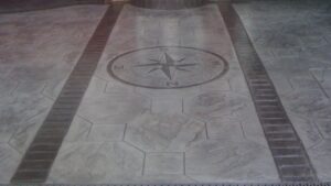 Steel Grey Octagon Tile Printed Concrete Driveway with Acid Etched Borders and Features